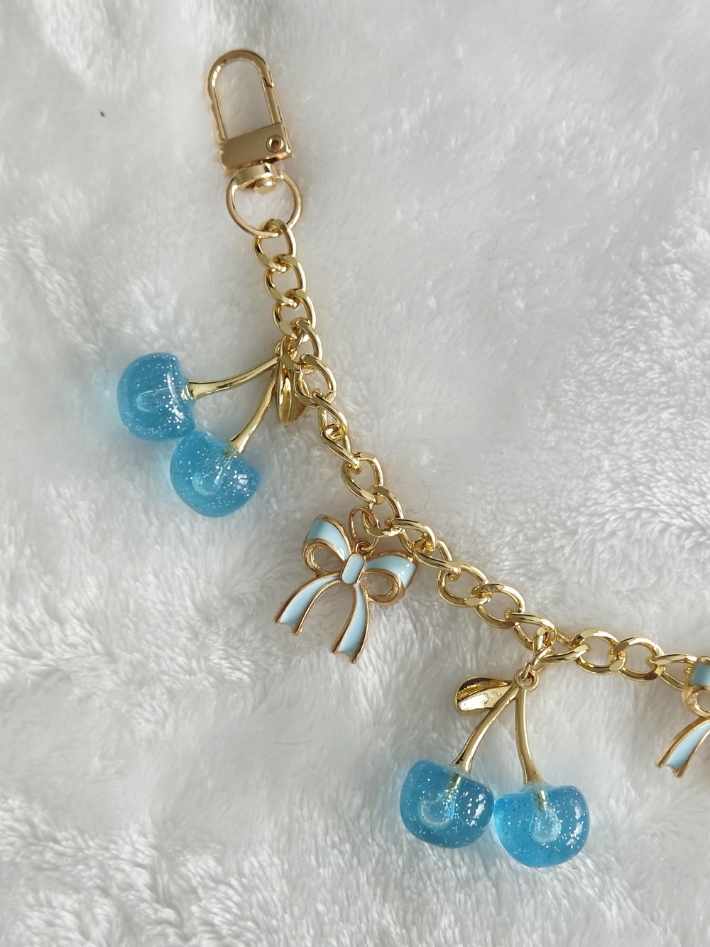 Blue Bow And Cherry Bag Chain with Blue Shimmer Cherries - Picture 2 of 10